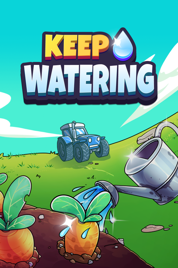 Colorful drawing of a gardening scene with a watering can pouring water onto carrot plants in the foreground and a blue tractor in the background under a partly cloudy sky. The text 'Keep Watering' is prominently displayed at the top.
