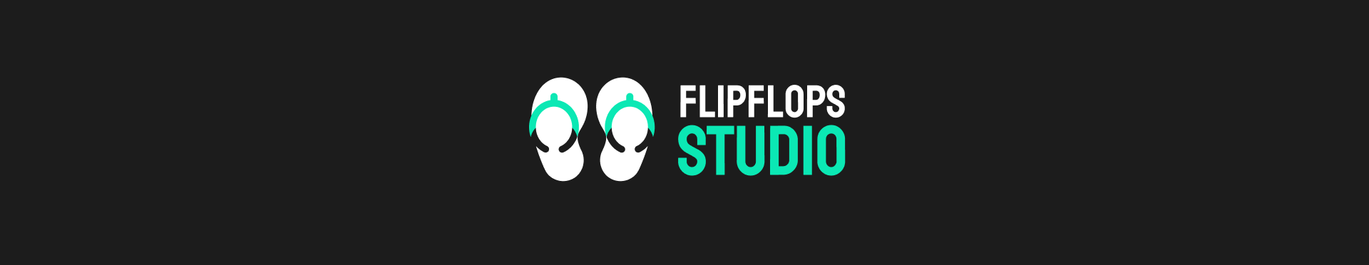 Flipflops studio logo featuring white flipflops with turquoise straps on a black background with turquoise and white text.