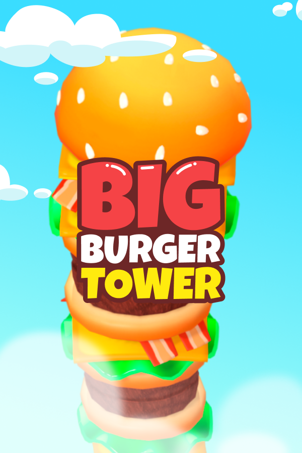 Bright, cartoon-style illustration of a giant burger tower with lettuce, cheese, tomato, onion, and a sesame seed bun, with the text 'BIG BURGER TOWER' in bold, colorful letters over the burger, against a blue sky background with clouds.