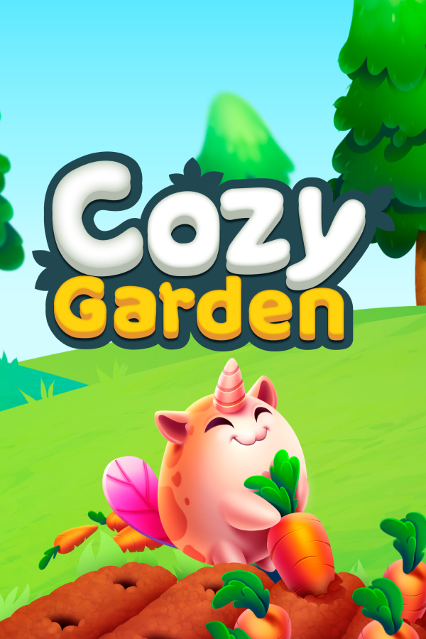 Colorful children’s game cover titled "Cozy Garden" with a smiling, cartoon-like unicorn-mushroom hybrid holding a carrot, surrounded by carrots and green plants in a bright, grassy outdoor setting.