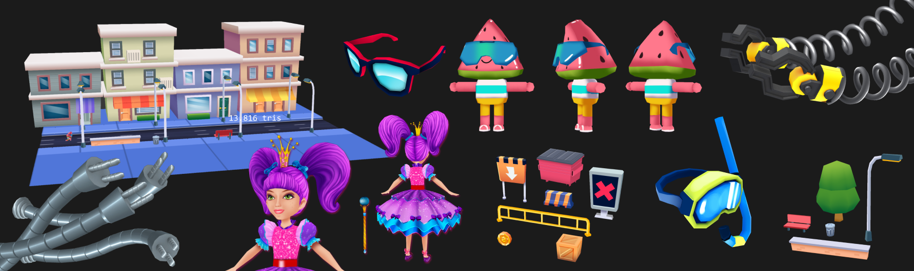 Collection of colorful 3D cartoon toys and objects including a town scene with buildings, a city bus, a large robotic arm, girl dolls with purple hair and princess crowns, mock sunglasses, watermelon-shaped objects, construction signs, a tree, benches, street lamps, shoes, and various tech gadgets on black background.