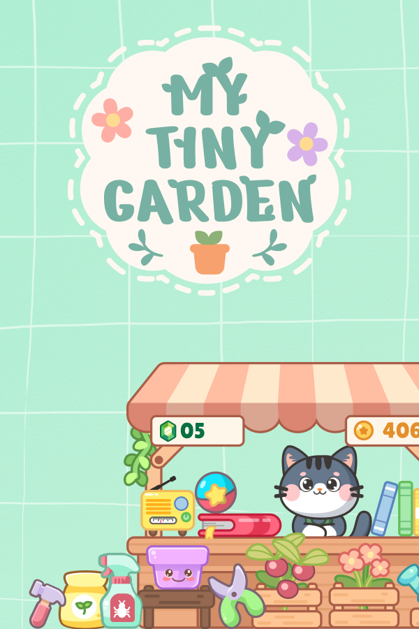 A colorful illustration of a small garden shop with a sign that says 'My Tiny Garden'. The shop has a striped canopy, and surrounding it are gardening supplies like plants, flowers, and tools, with a cute cartoon cat sitting behind the counter.