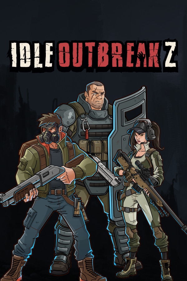 Illustration of three armed soldiers in tactical gear with the text 'Idle Outbreak Z' above them, set against a dark background.