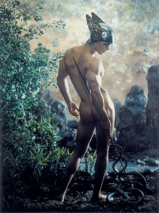 Pierre et Gilles, Mercure, Enzo Junior (2001): illustration of a man with his back to us wearing only a helmet