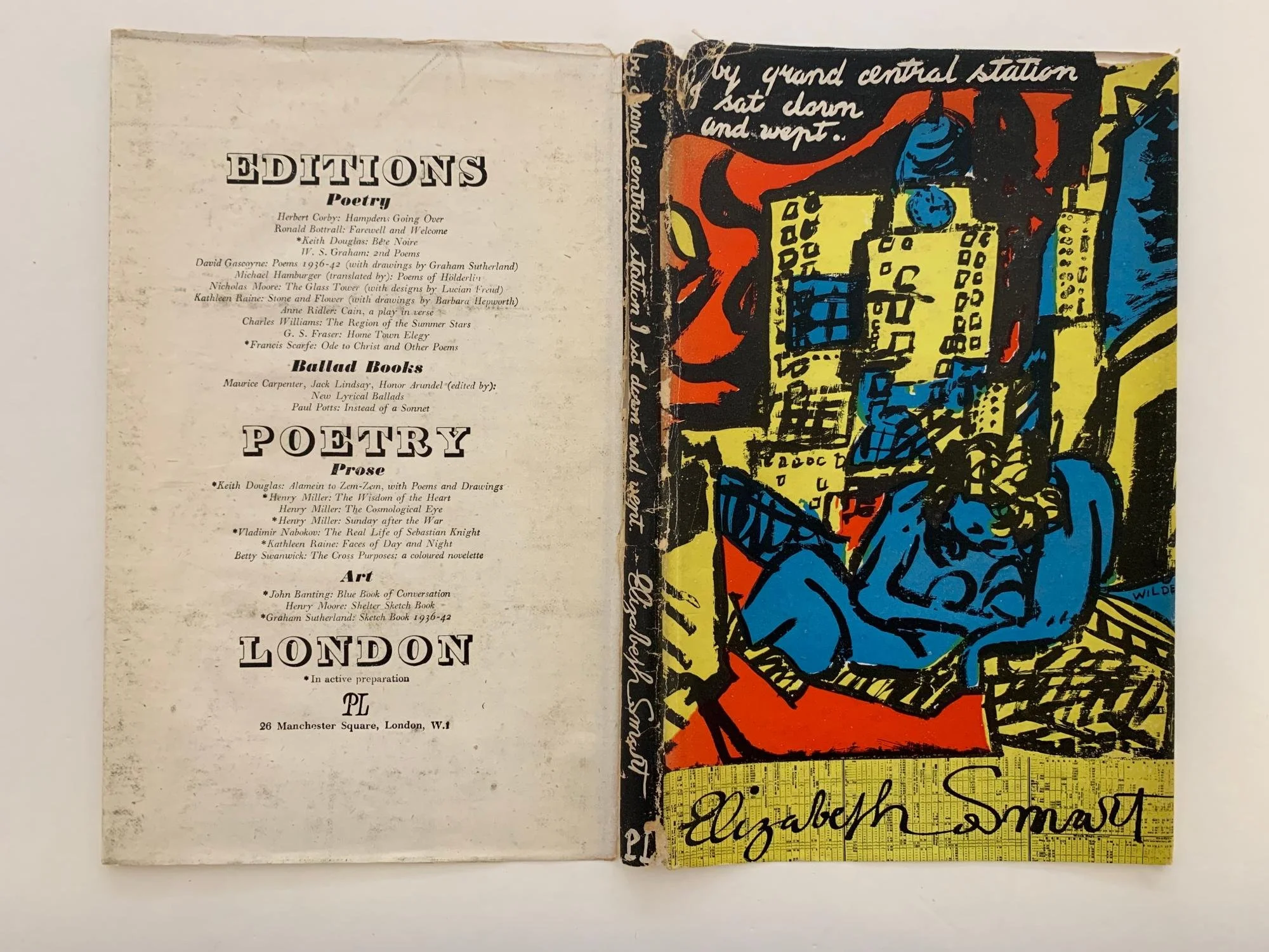 Cover of first edition of Elizabeth Smart's By Grand Central Station In Sat Down and Wept: London, Editions Poetry, 1945. List of other titles and authors on the left page (back cover), and an abstract colorful illustration on the right page (front)