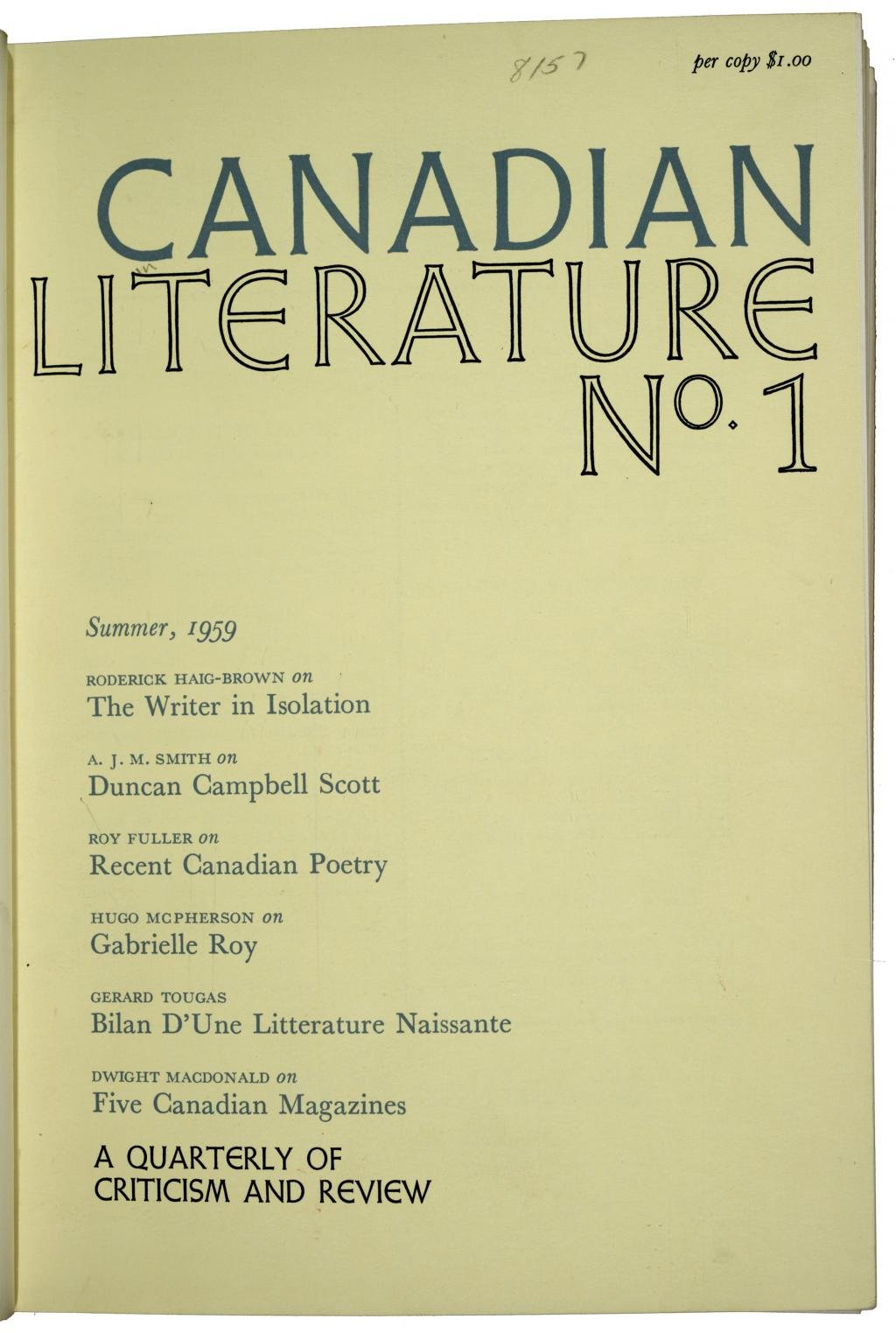 Cover of Canadian Literature No. 1, Summer 1959, featuring article topics and author names, with a price of $1.00 per copy.