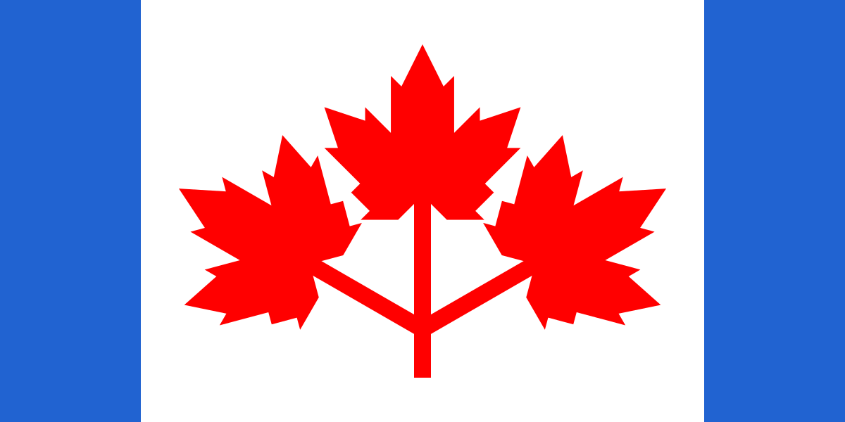 The so-called Pearson pennant, a rejected model for the Canadian flag with a white background, blue vertical stripes on each side, and three red maple leaves in the center.