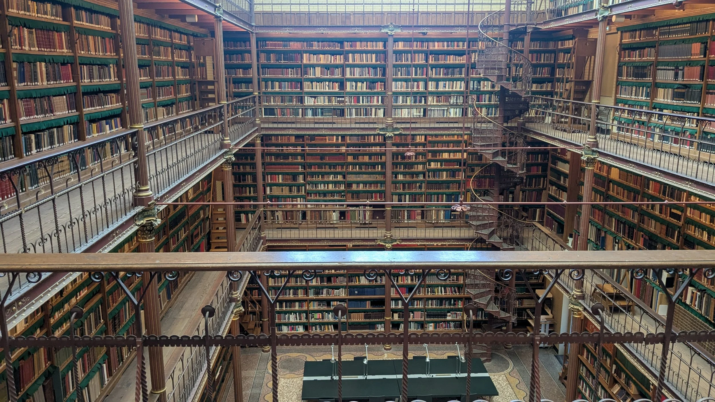 Rijksmuseum library, Amsterdam: three floors of books seen from above.