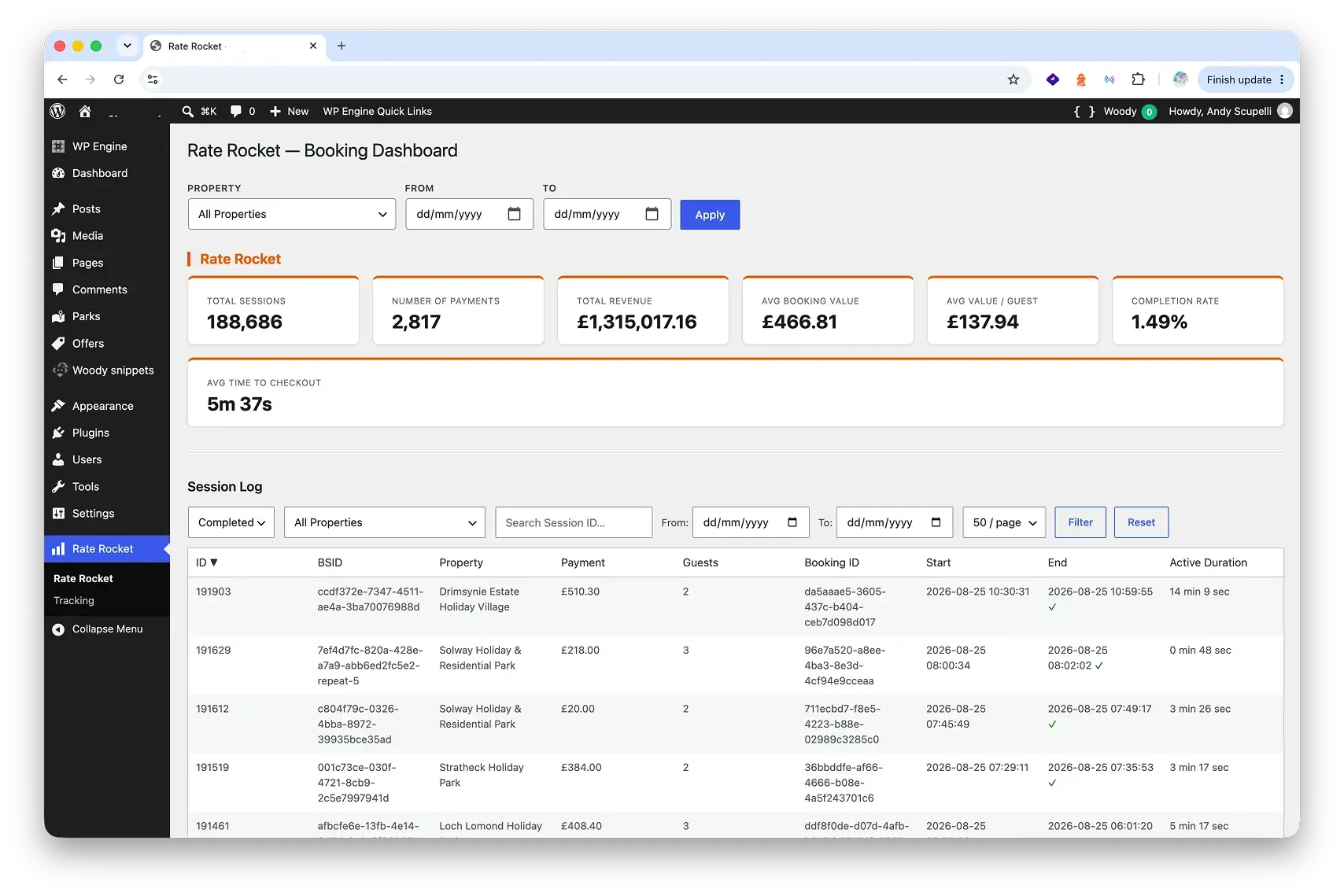 Booking dashboard for Rate Rocket showing statistics such as total sessions, payments, revenue, average booking and guest value, and completion rate. Includes session log with details of individual bookings, payments, guests, start and end times.