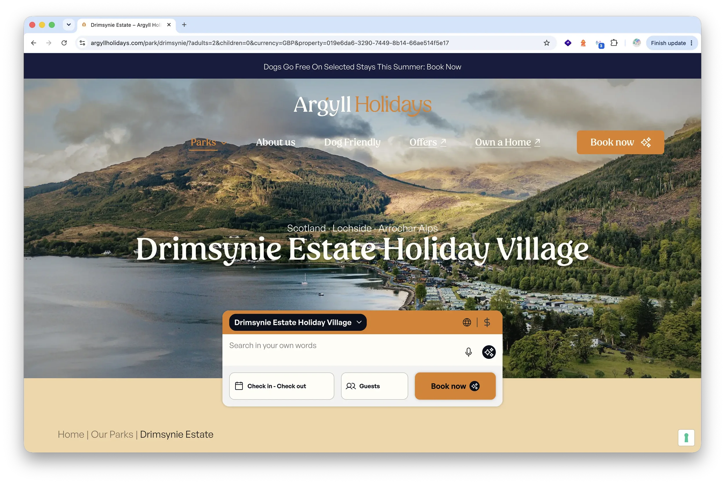 Screenshot of the Argyl Holidays website showing a scenic landscape of mountains and a lake with a village, along with booking options for Drimsynie Estate Holiday Village.