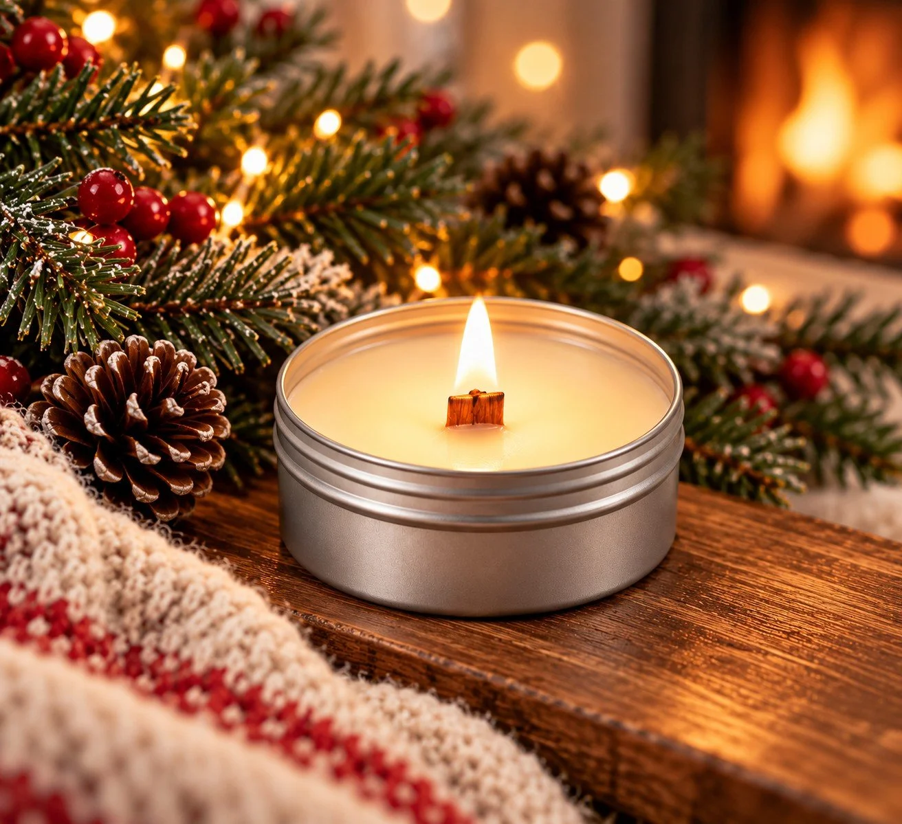 Wood wick candle lit in a silver tin container on wood table. Holly and greenery on side.