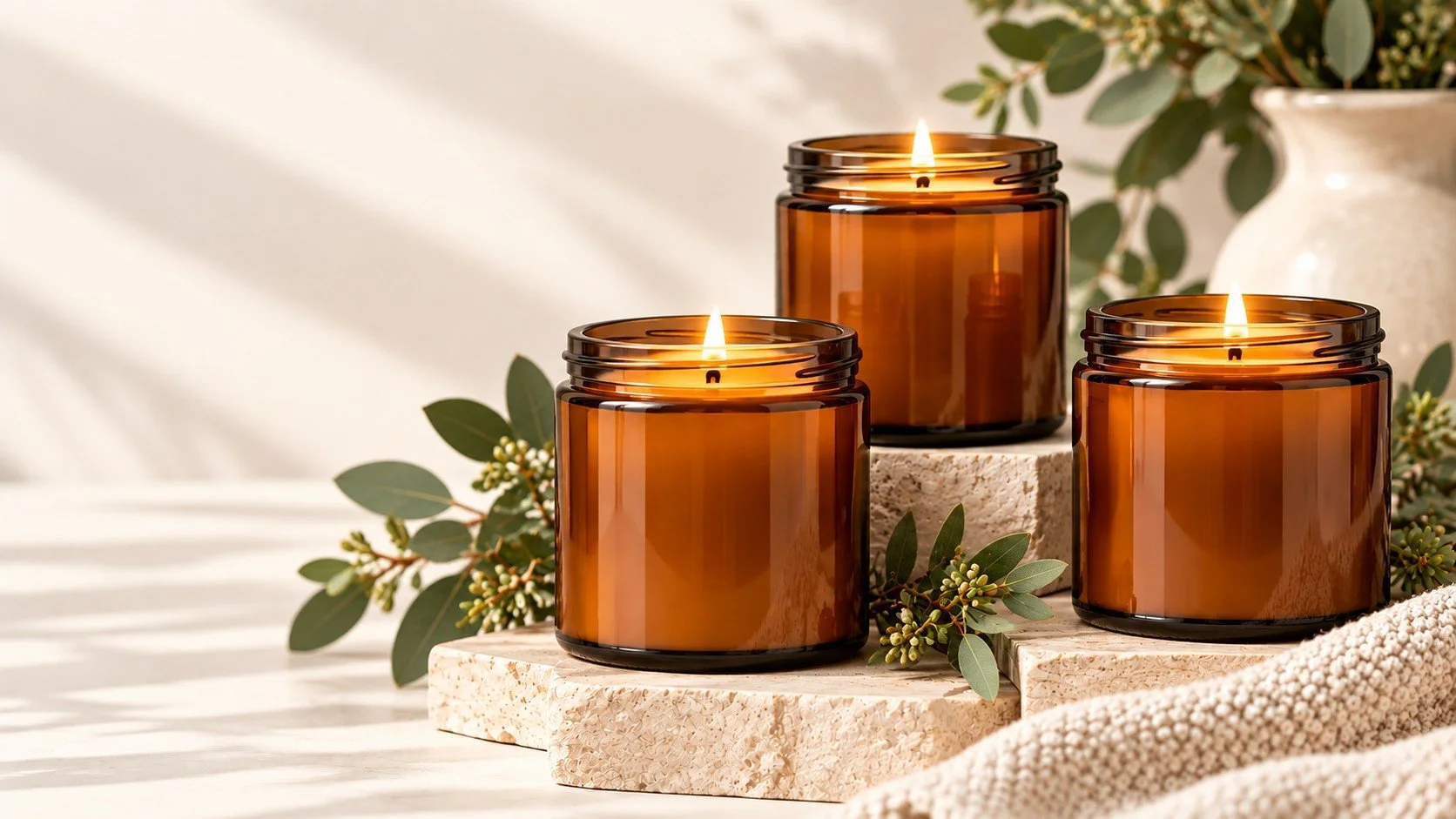 Lit amber jar candles on platforms with greenery