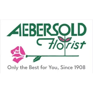 Logo for Aebersold Florist featuring pink flowers and green text, with the slogan 'Only the Best for You, Since 1908'.