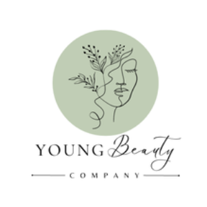 Logo featuring a minimalist line drawing of a woman's face integrated with botanical elements on a light green circle background, with text 'Young Beauty Company' below.