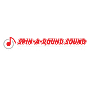 Logo for Spin-A-Round Sound, professional DJ services, featuring a red musical note and spinning record icon with black, white, and red text.