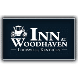 Sign for INN at Woodhaven in Louisville, Kentucky, featuring a patchy tractor illustration on a dark blue background.