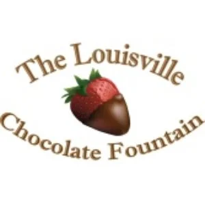 Logo for The Louisville Chocolate Fountain with an image of a strawberry dipped in chocolate.