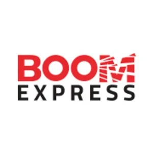 Logo of Boom Express with red and black text and a stylized explosion effect on the letter 'M'.