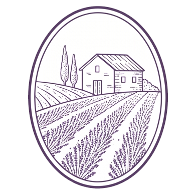 Illustration eines Hauses auf einem Feld mit Lavendel und zwei Zypressen im Hintergrund, in einem ovalen Rahmen.