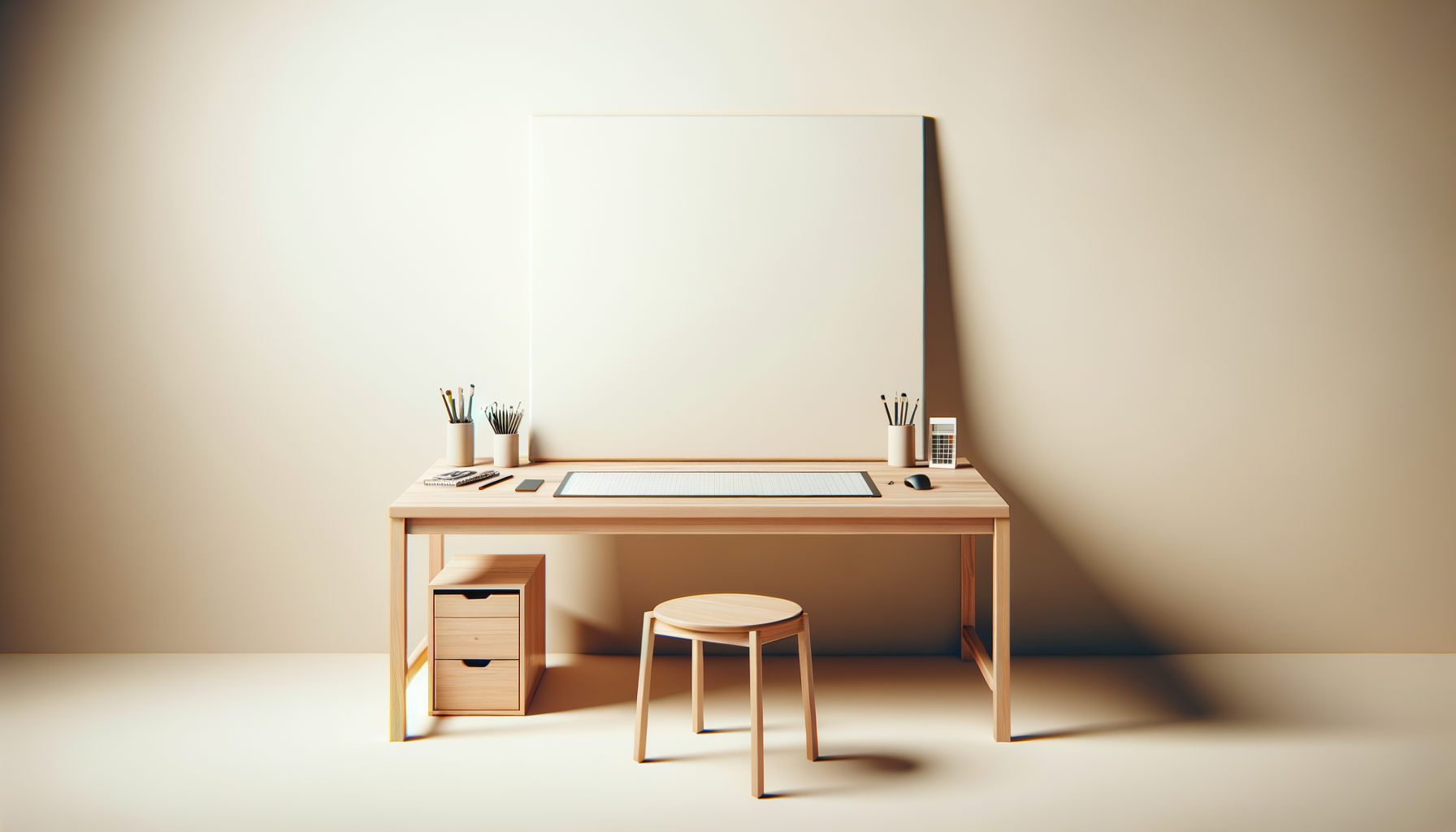 A minimalist wooden desk with a whiteboard behind it, a small wooden stool, and a matching small wooden cabinet. The desk holds two containers with pencils and pens, a calculator, a smartphone, a notepad, a mouse, and a large grid mat.