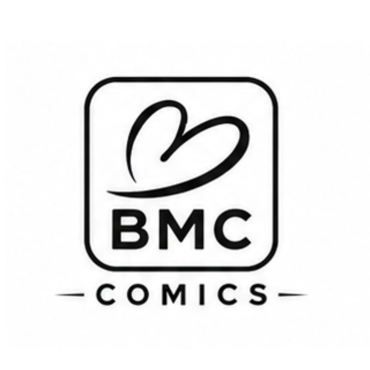 Black and white logo for BMC Comics featuring a stylized hand-drawn heart with the letters 'BMC' underneath, and the word 'COMICS' below, enclosed in a rounded square outline.