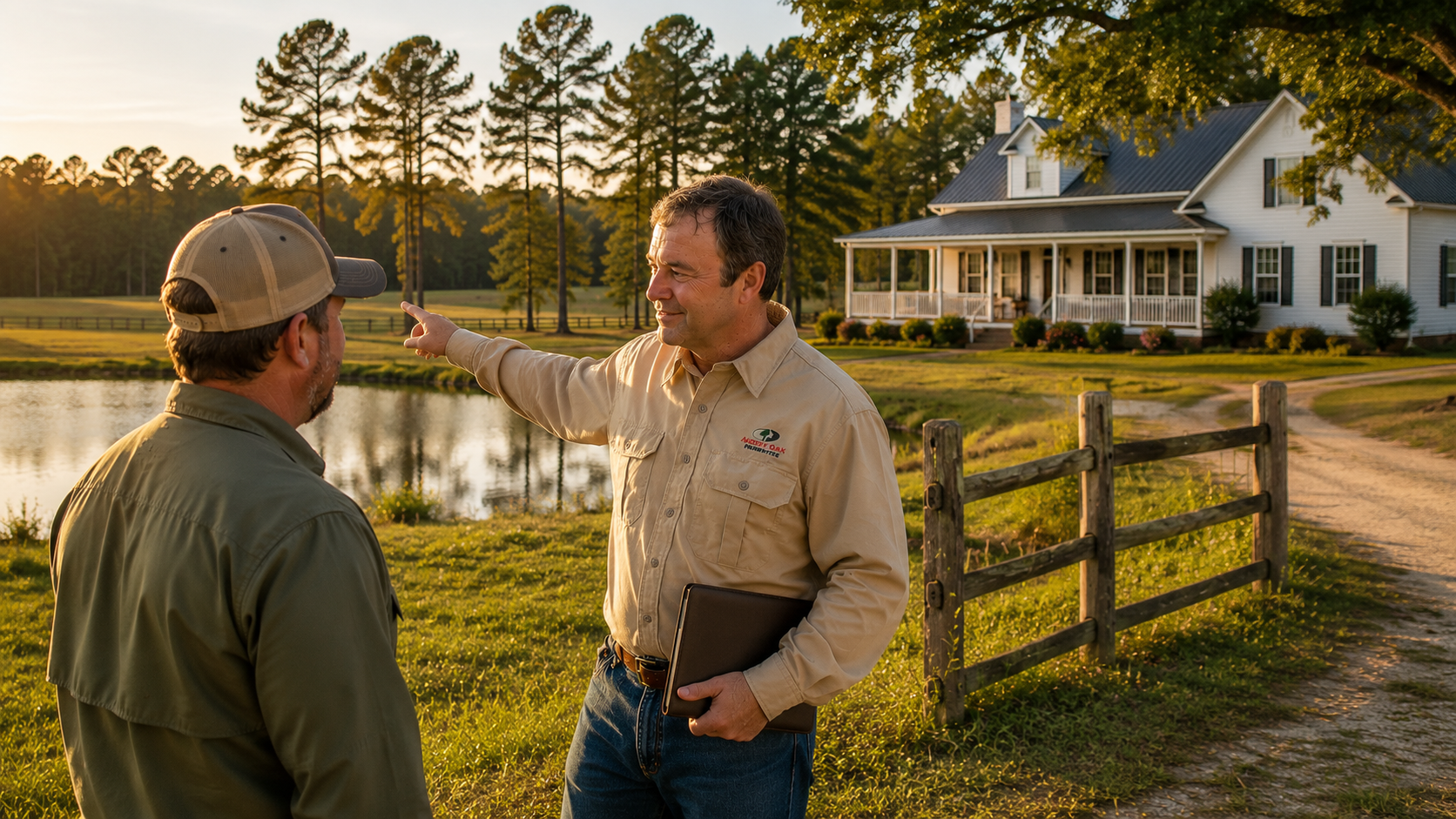 Two men standing outside near a pond with a large white house and trees in the background during sunset. One man is pointing at something while the other listens, both dressed casually.