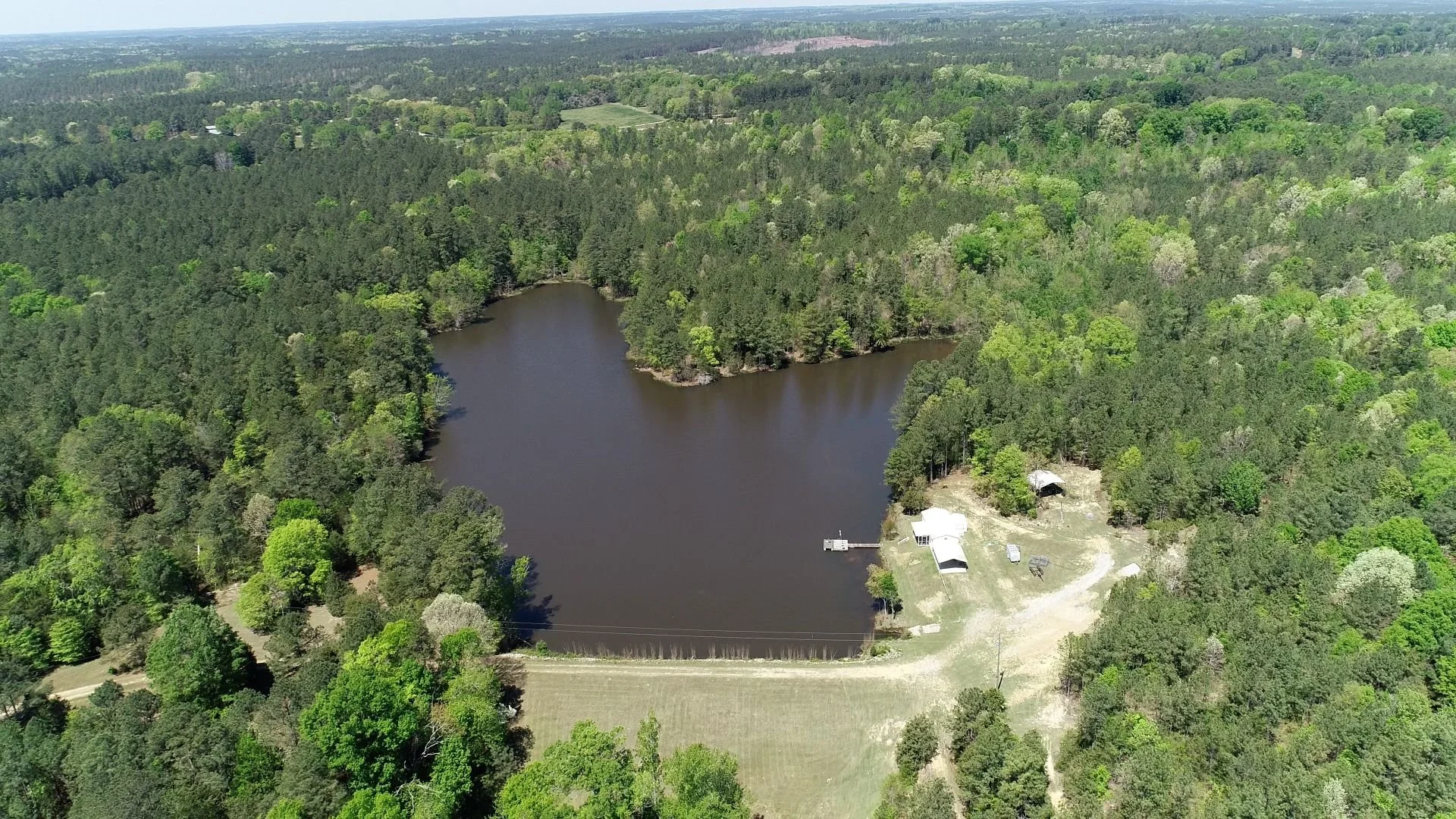 Aerial view of a wooded area with a lake, small buildings near the shoreline, and a road cutting through the forest.