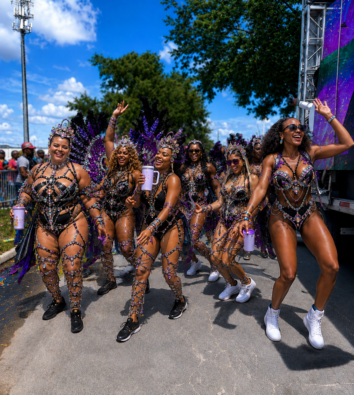 A group of women in colorful, bejeweled costumes dancing and celebrating during a parade outdoors on a sunny day.