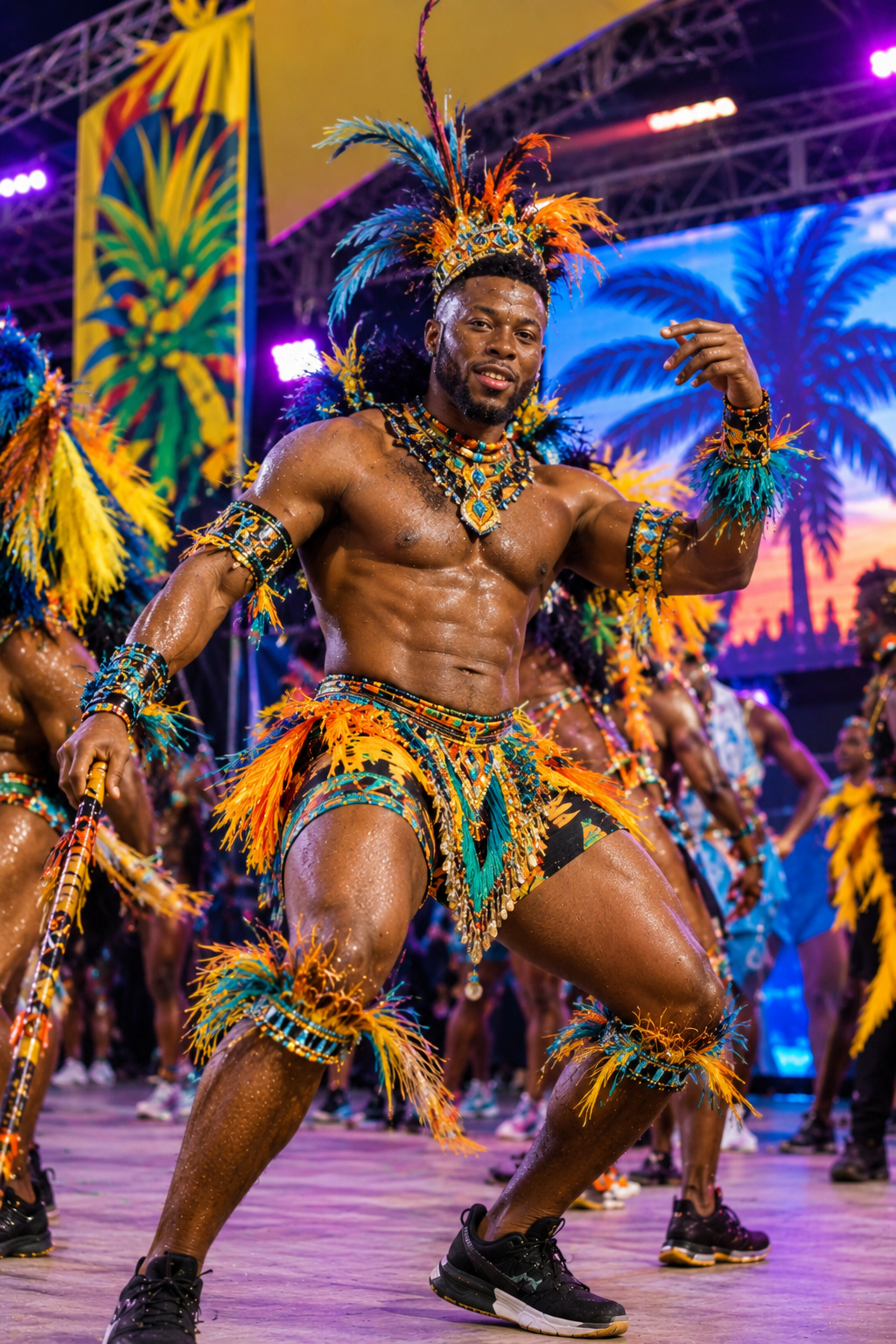 A man in a vibrant, feathered costume dances at a festival or parade, with a colorful backdrop depicting a sunset and palm trees.