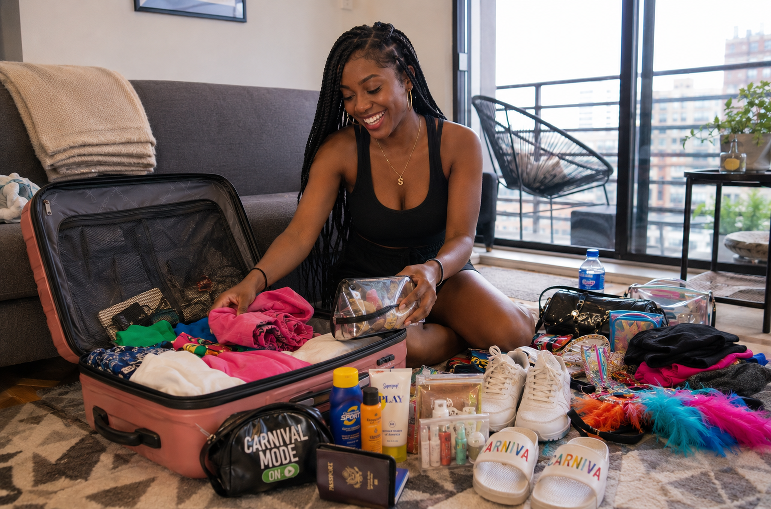 Woman packing a suitcase with Carnival costume pieces, sneakers, and travel essentials while getting ready for Carnival