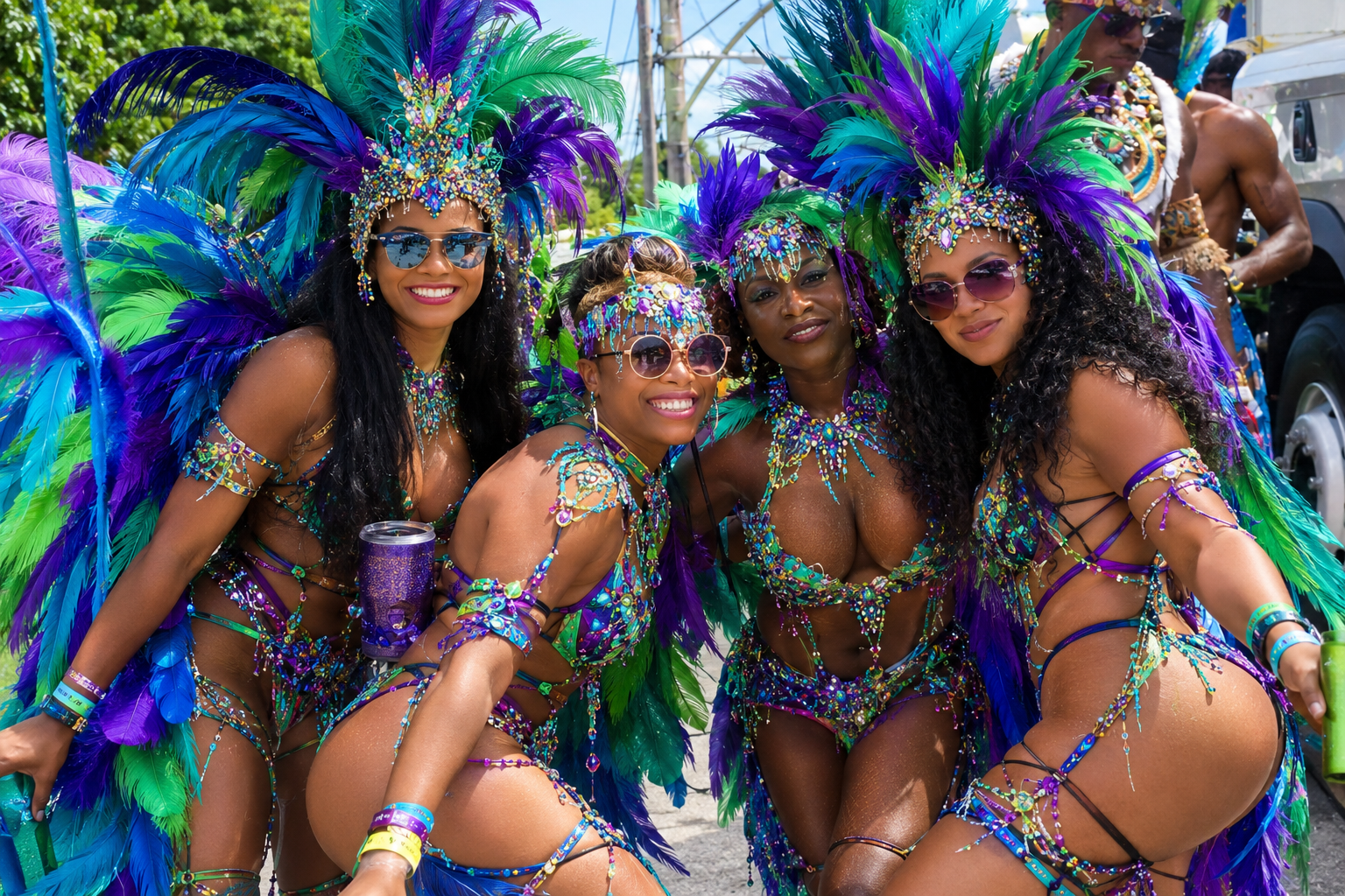 Group of women in purple and green feathered Carnival costumes