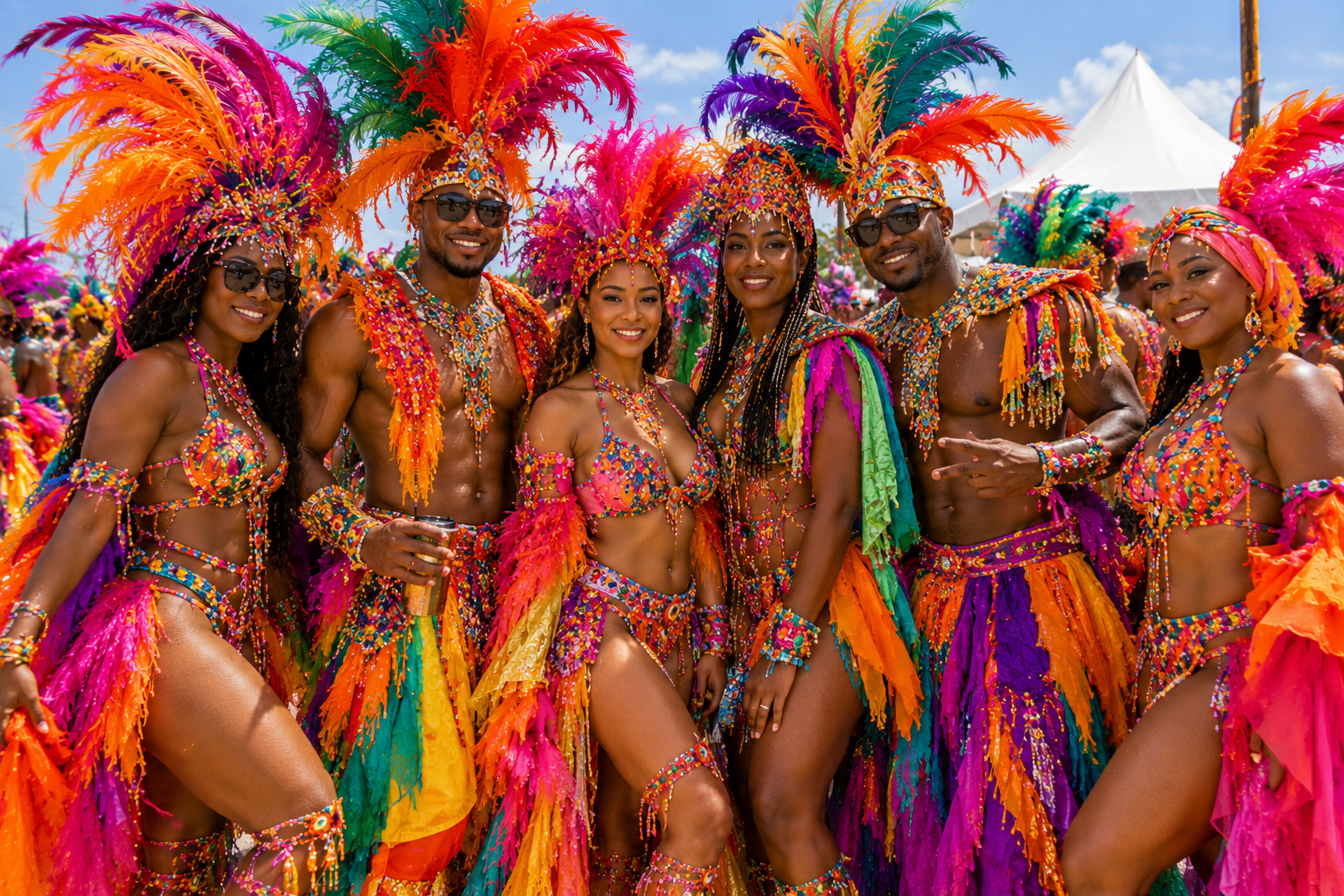 Friends in colorful feathered Carnival costumes on the road