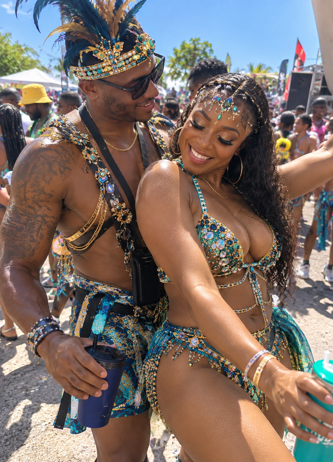 Couple in beaded blue and gold Trinidad Carnival costumes playing mas on the road