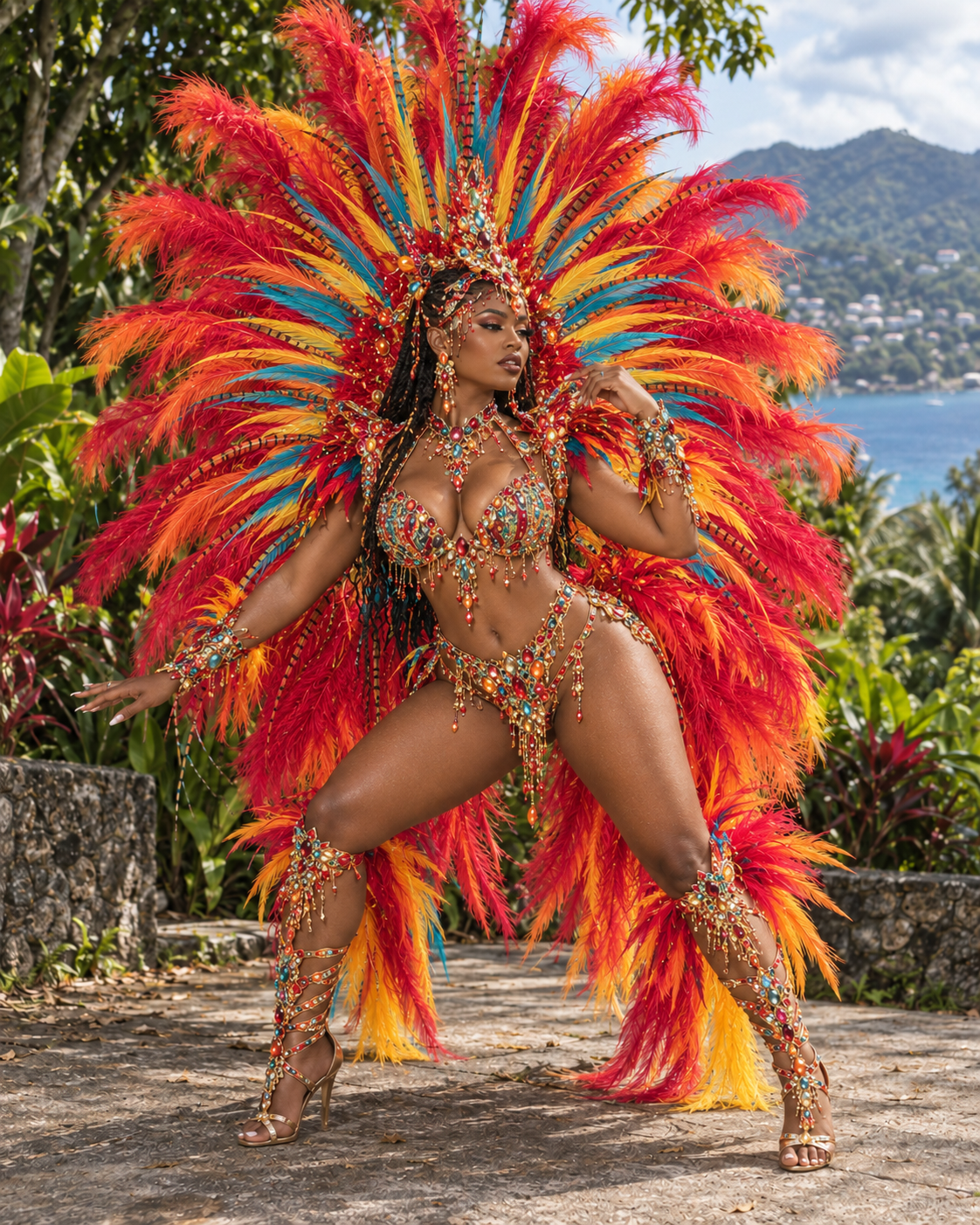 A woman dressed in a colorful, ornate carnival costume with feathers, jewels, and beads, standing outdoors with a scenic background of mountains, water, and greenery.
