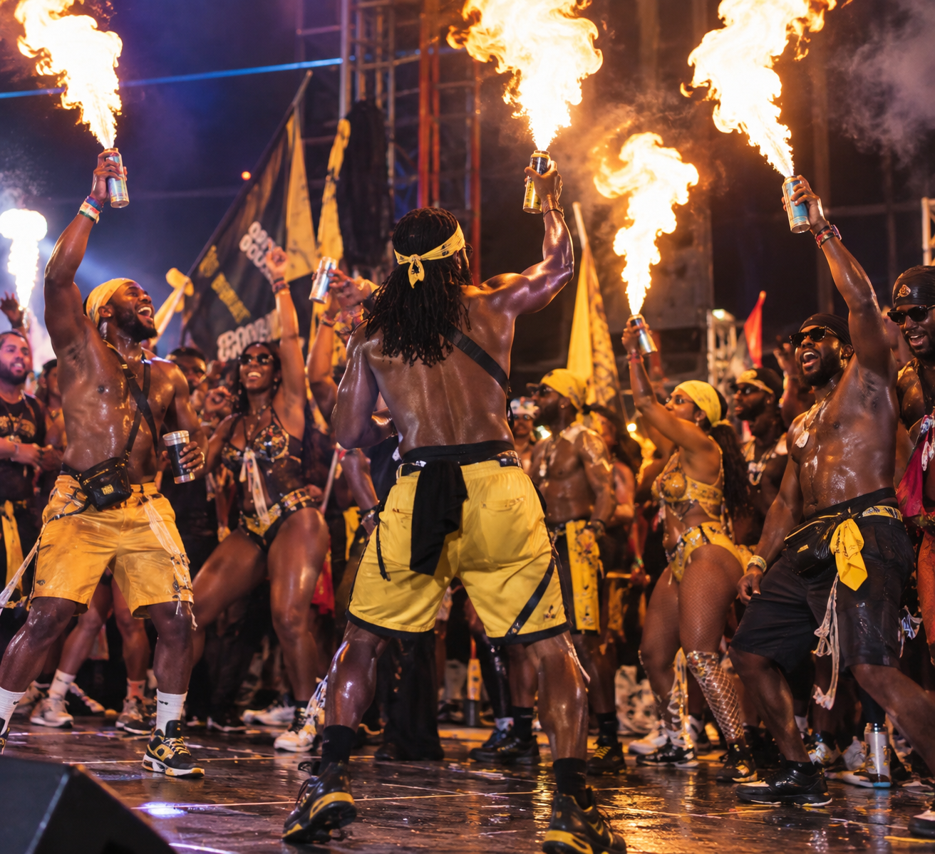 Carnival performers in yellow and black on a stage at night with bursts of fire shooting up behind them
