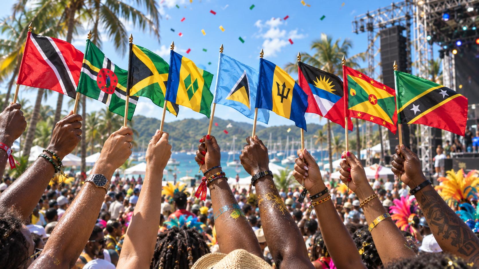 People holding various Caribbean flags during a festival or celebration with a mountainous landscape, palm trees, and a stage in the background.