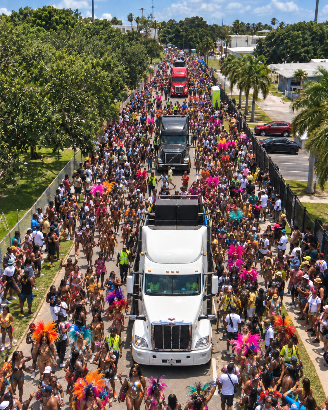 A large parade with many participants wearing colorful costumes, marching behind truck floats along a street lined with trees and parked cars.
