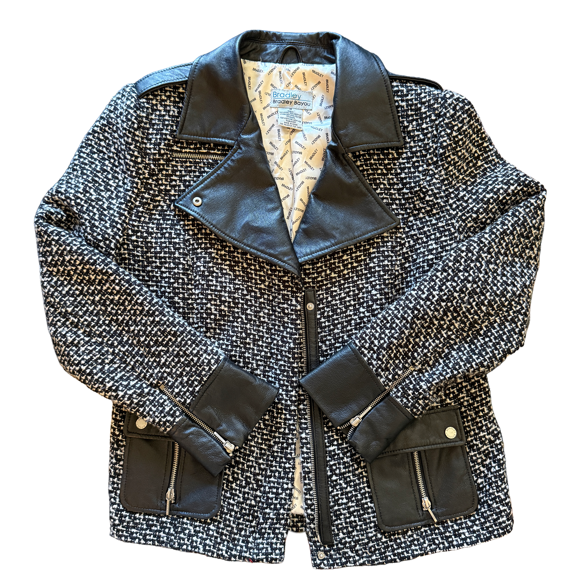 Tweed Wool Blend Leather-Trim Jacket M