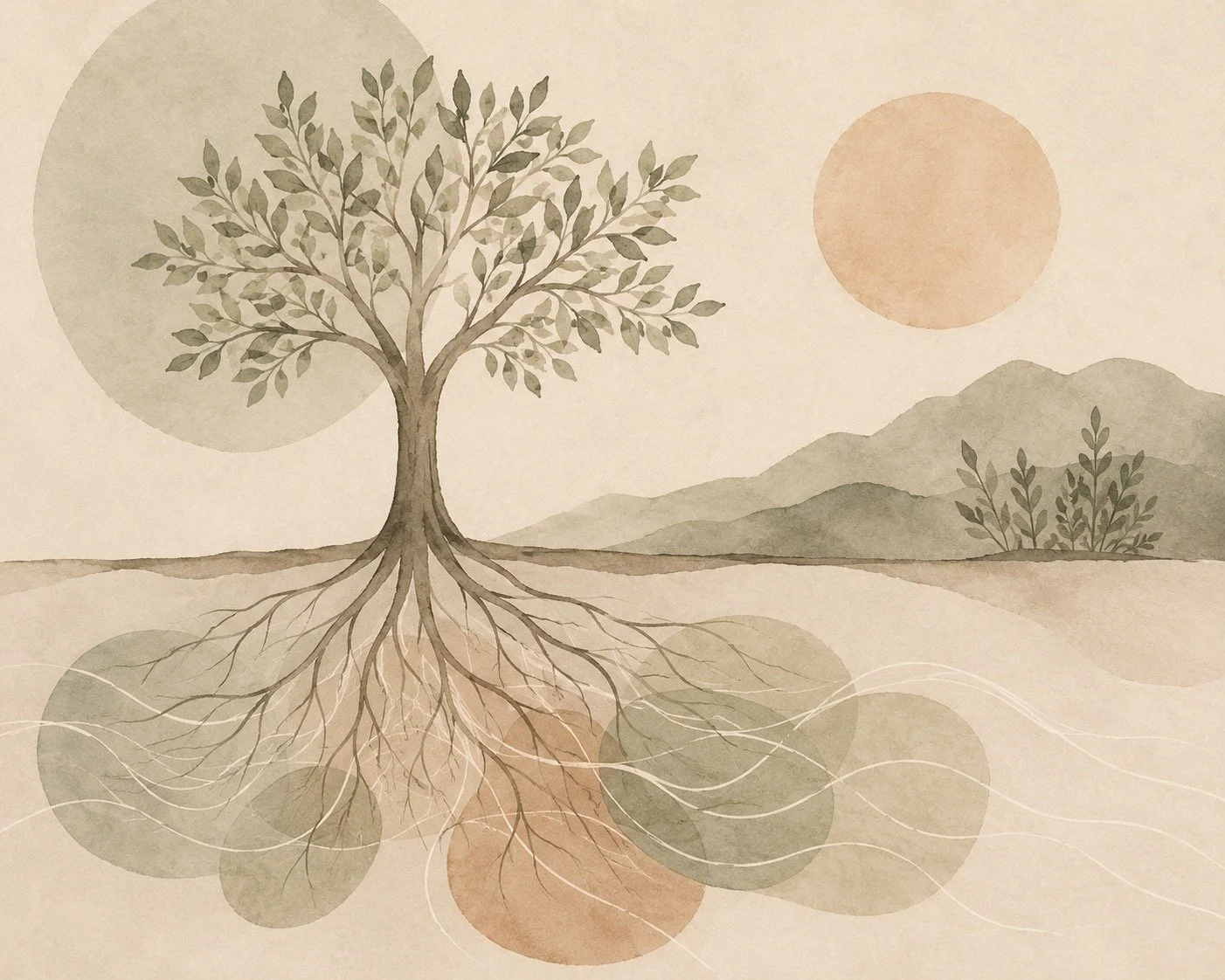 Illustration of a tree with deep roots, symbolising growth, resilience, healing and the interconnected nature of emotional wellbeing.
