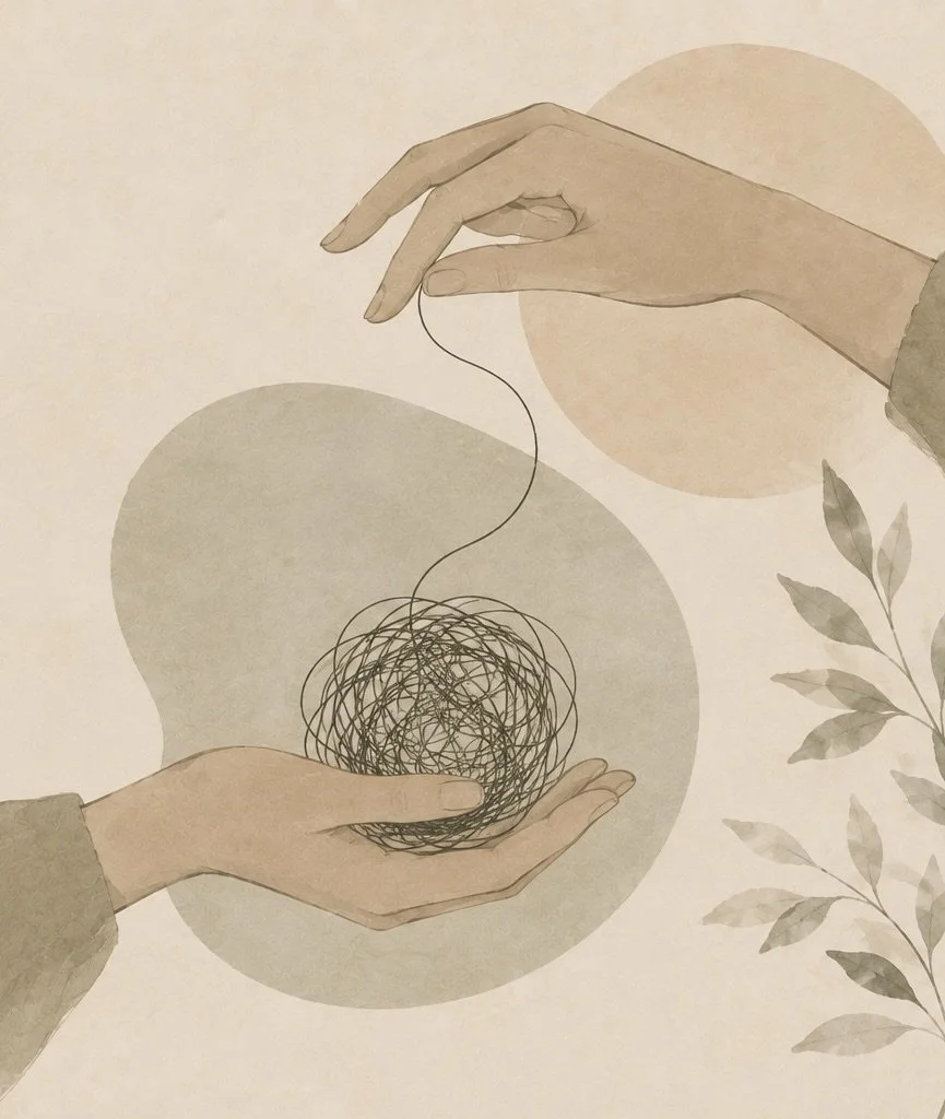 Illustration of two hands gently untangling a tangled thread, symbolising emotional healing, self-understanding and the therapeutic process.
