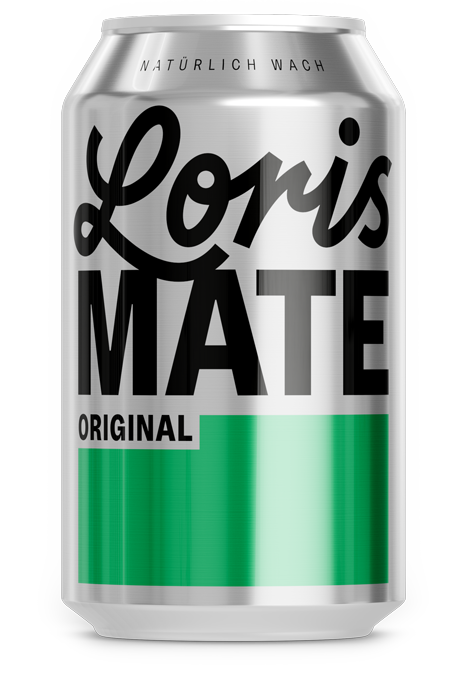 Eine Dose Loris Mate Original mit grün-weißem Design auf schwarzem Hintergrund.