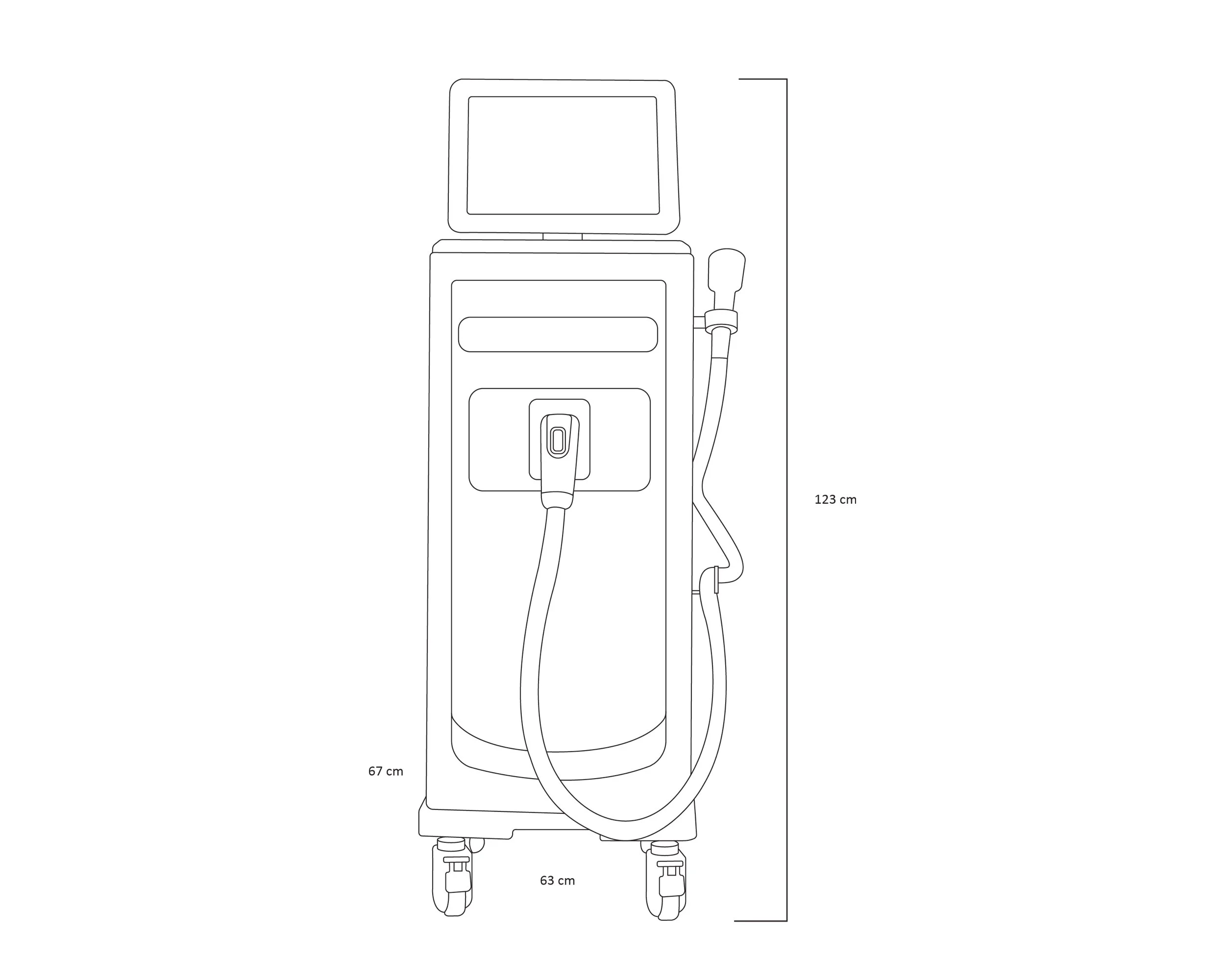 Outline of an electric vehicle charging station with dimensions, including a display screen, a charging cable, and a connector, on a wheeled base.