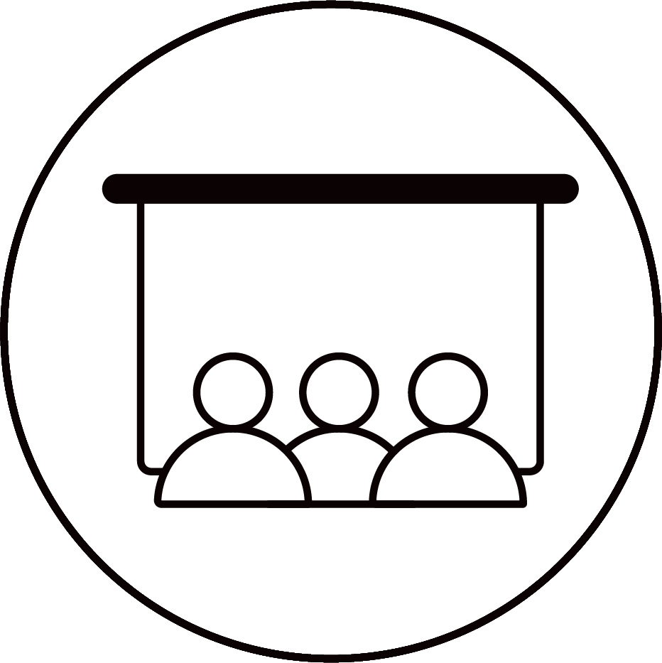 Icon of a presentation screen with three seated people in front of it.