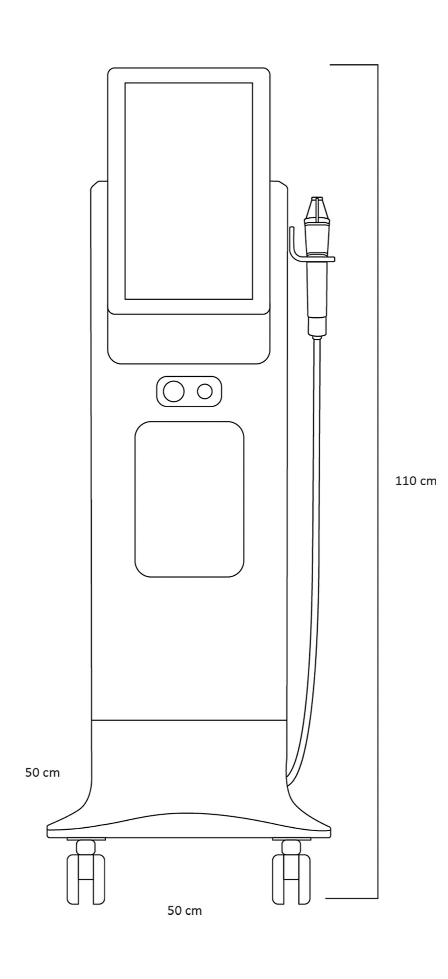 Line drawing of a medical device cart with a tall monitor, control buttons, and wheels, measuring 110 cm tall and 50 cm wide.