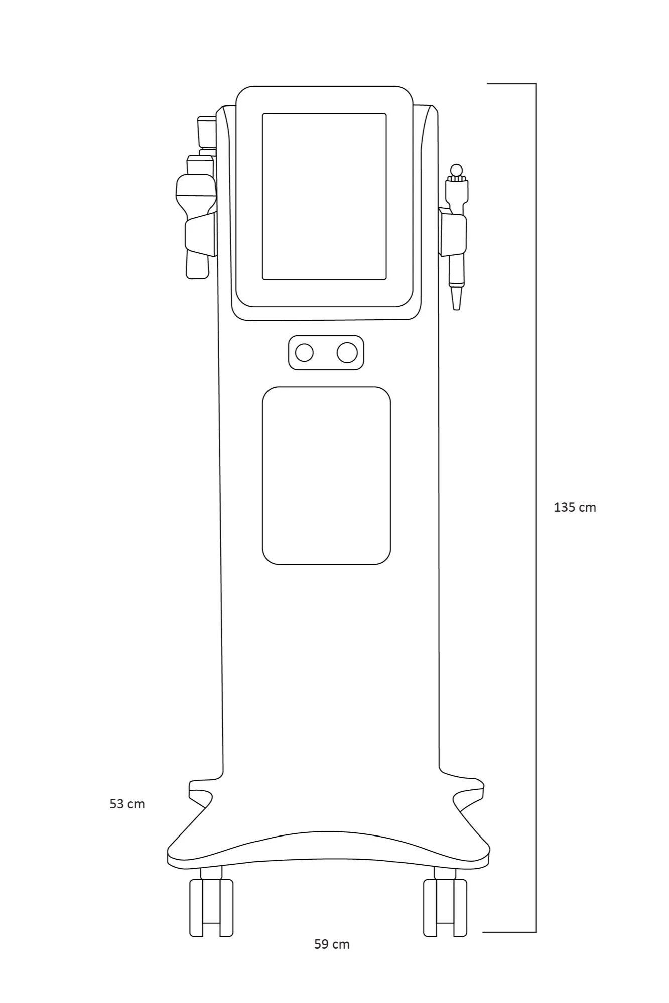 Line drawing of a medical or scientific device on a stand with wheels, including a large screen, two circular buttons, and various attached components on the sides, with measurements of 135 cm height, 59 cm width, and 53 cm depth.