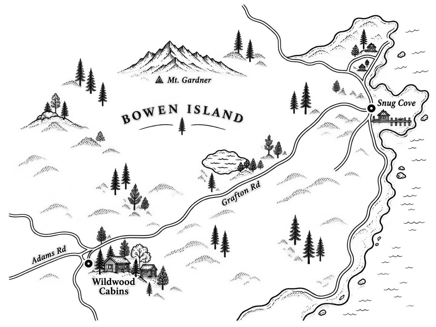 Map of Bowen Island showing notable locations such as Mt. Gardner, Snug Cove, Wildwood Cabins, and roads including Adams Rd and Grafton Rd. The map features mountainous terrain, forests, and shoreline.