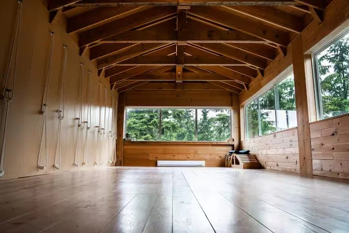 Empty wooden room with large windows showing trees outside, wooden ceiling with exposed beams, and hardwood flooring.