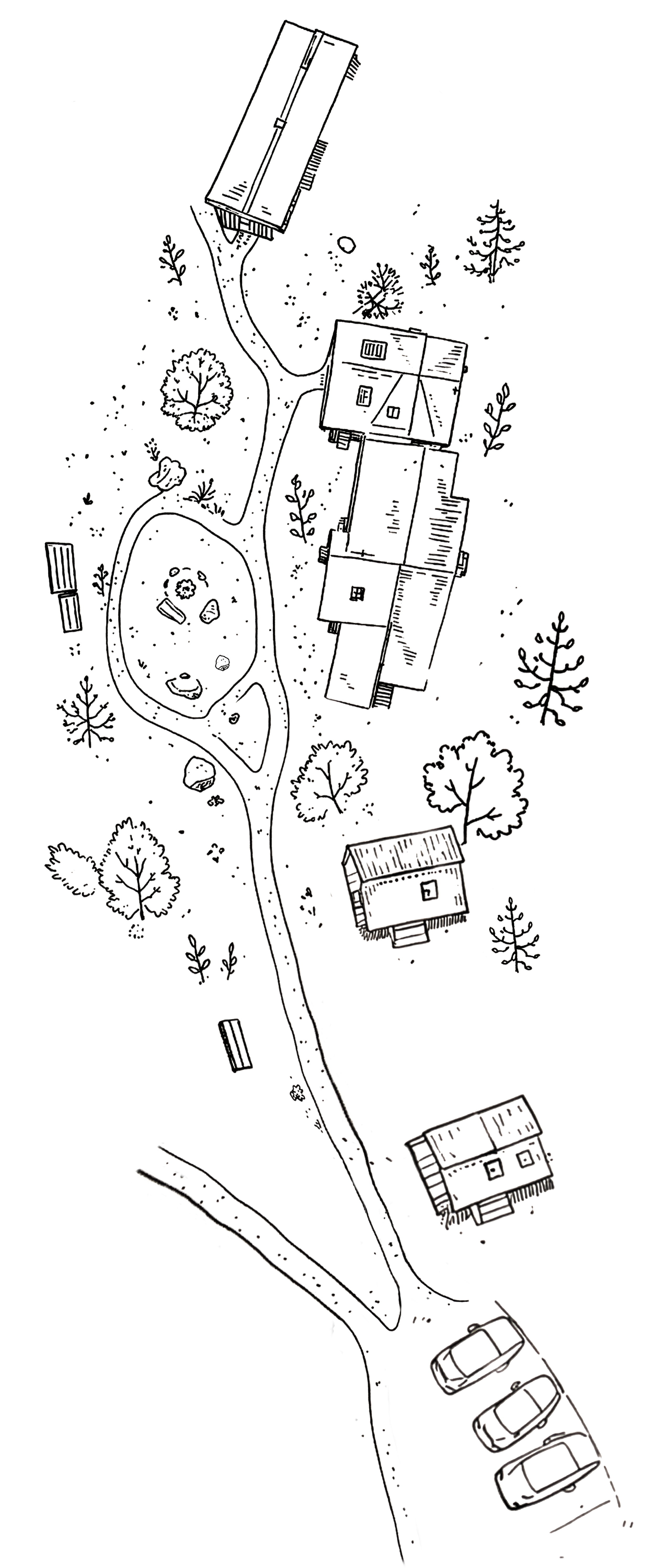 A detailed, illustrated map of a park or outdoor area featuring walking paths, a pond with swim rings, trees, small buildings, and parking spaces.