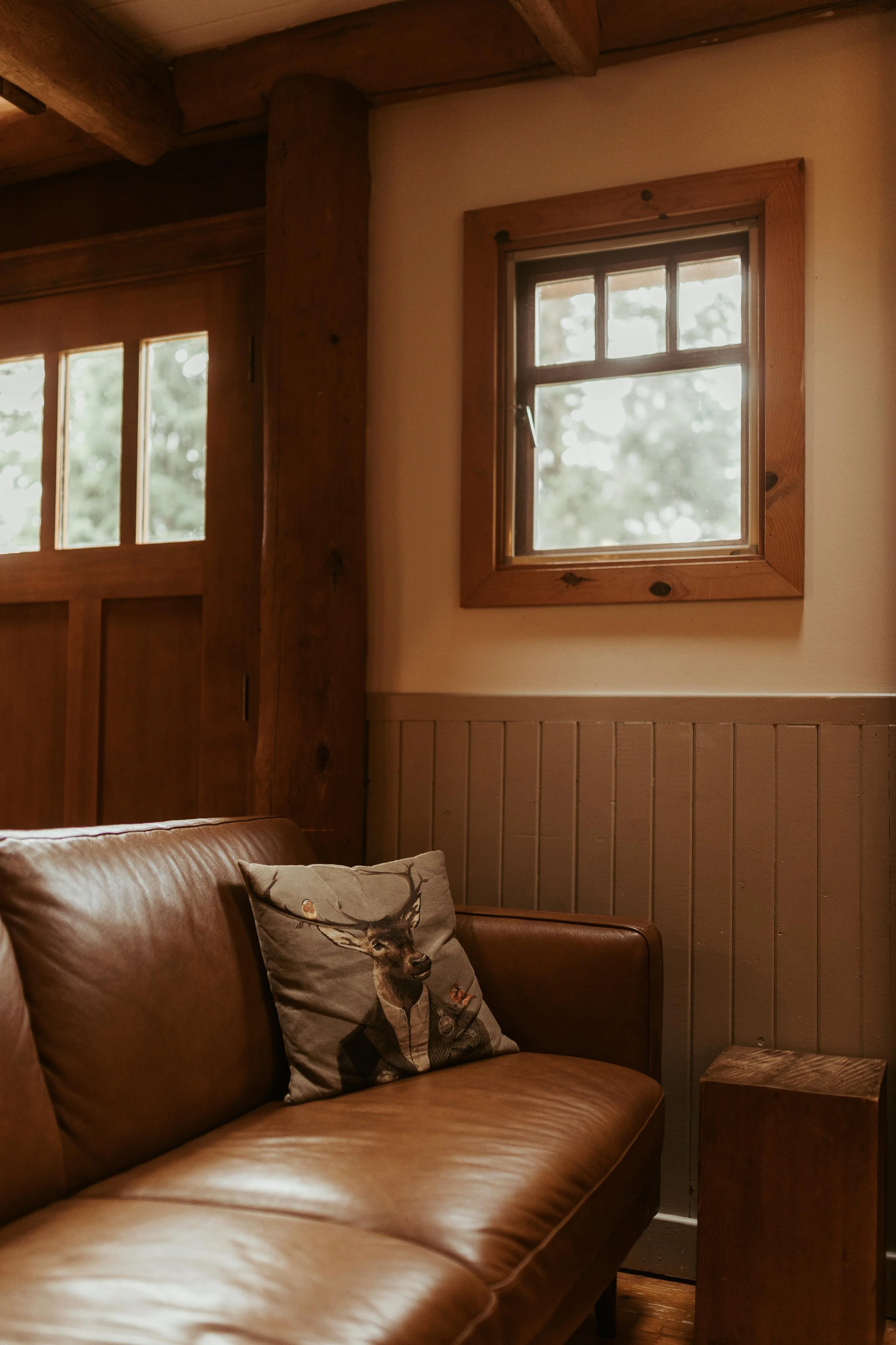 A cozy corner of a room with a brown leather sofa, a decorative pillow with a deer design, wooden paneling on the wall, a small wooden side table, and two windows with wooden frames showing blurred greenery outside.
