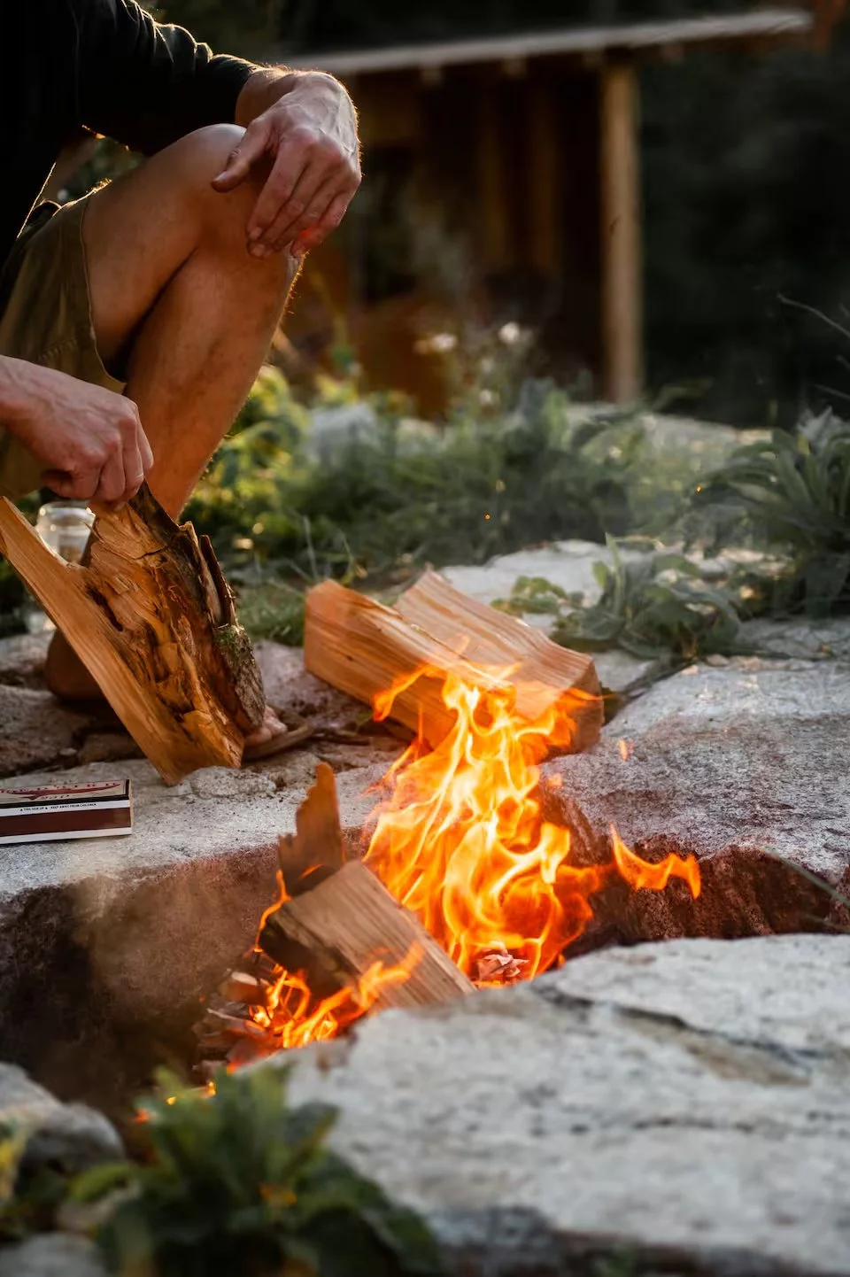 Person tending a campfire with wood logs, surrounded by greenery and rocks.